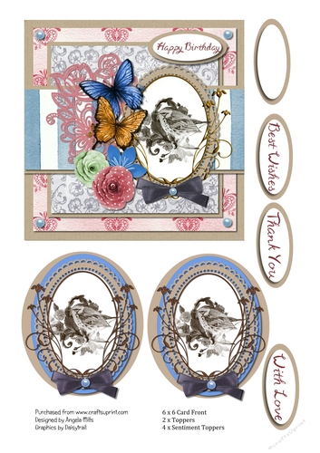 6 x 6 Bird and Butterflies Card Front Blue/Pink/Kraft with 2 Toppers and Sentiment Toppers