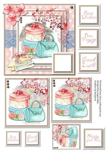 6 x 6 Hat Boxes/Handbag Card Front with Toppers and Sentiment Toppers. Bon Voyage/Good Luck