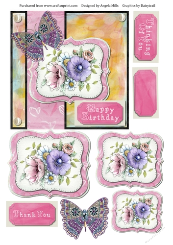 6 x 6 Chalk Effect Card with Toppers and Sentiment Toppers. Pink/Violet/Orange Flowers and Butterflies