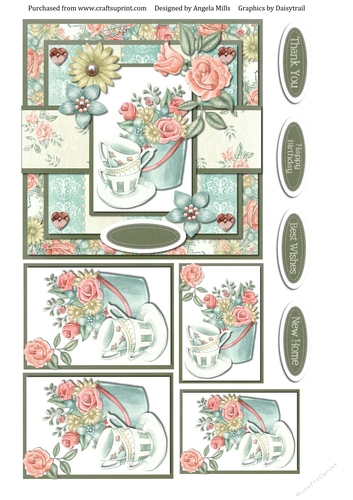 6 x 6 Card with Toppers and Sentiment Toppers Rose/Teacups Floral