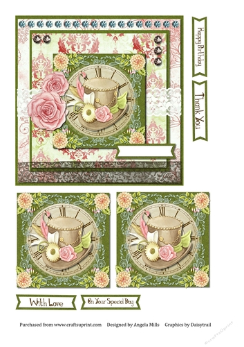 6 x 6 Card Front with Toppers and Sentiment Toppers Vintage/Steampunk Green/Pink