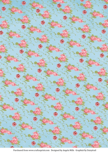 A4 Background Paper Rose Sprays and Rosebuds Blue/Pink