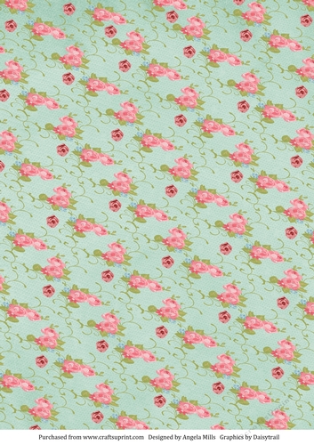 A4 Background Paper Rose Sprays and Rosebuds Aqua/Pink