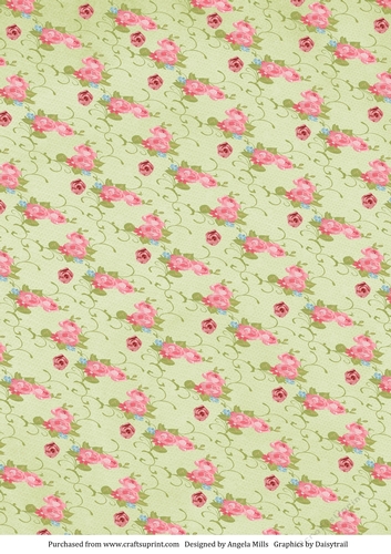 A4 Background Paper Rose Sprays and Rosebuds Green/Pink