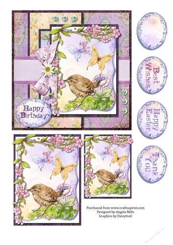 6 x 6 Bird and Butterflies Card Front Lilac/Yellow/Pink with Toppers and Sentiment Toppers