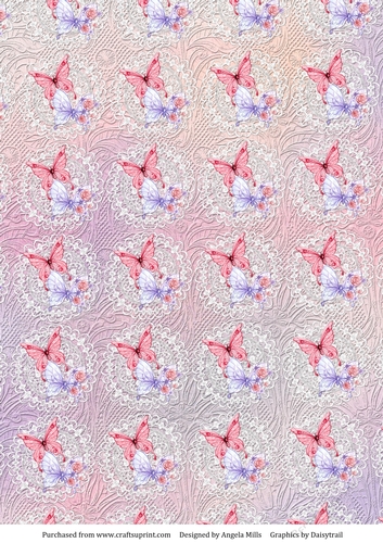 A4 Background Paper Butterflies on Lace, Embossed Effect Pink/Lilac/Peach.