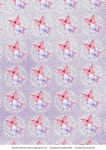 A4 Background Paper Butterflies on Lace, Embossed Effect, Lilac.
