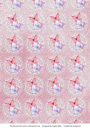 A4 Background Paper Butterflies on Lace, Embossed Effect, Pink