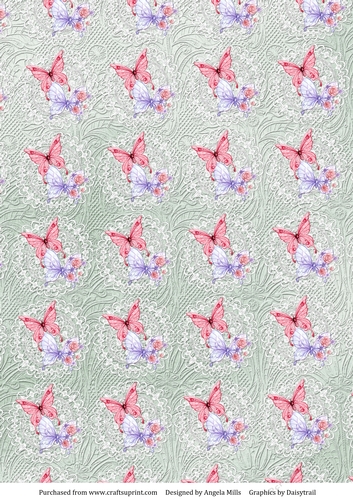 A4 Background Paper Butterflies on Lace, Embossed Effect, Mint Green