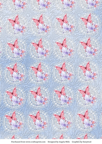 A4 Background Paper Butterflies on Lace, Embossed Effect, Cobalt Blue