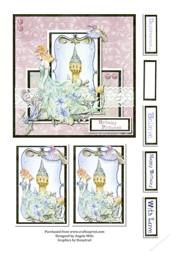 6 x 6 Fairy Princess Card Front with Toppers and Sentiment Toppers, Pink/MintGeen