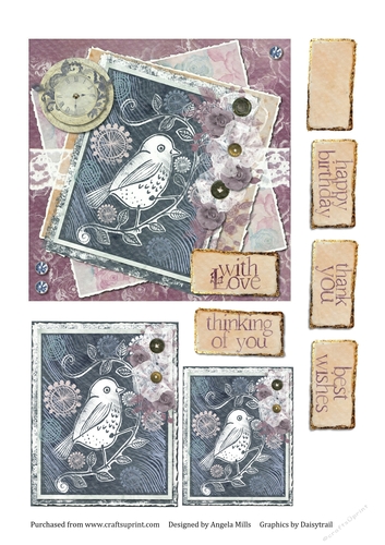 6 x 6 Card Front, Woodcut Effect Bird, Shabby/Handcrafted Violet/Indigo