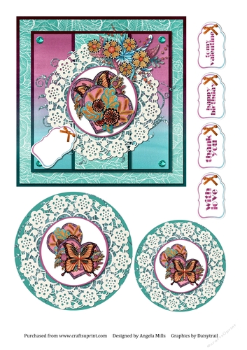6 x 6 Card Front Twin Zentangle Hearts with Toppers and Tags, Turquoise/Cerise Pink