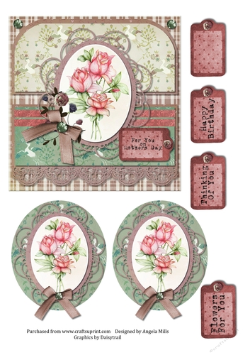 6 x 6 Card Front with Toppers and Tags, Rose Bouquet, Dusky Pink/Green