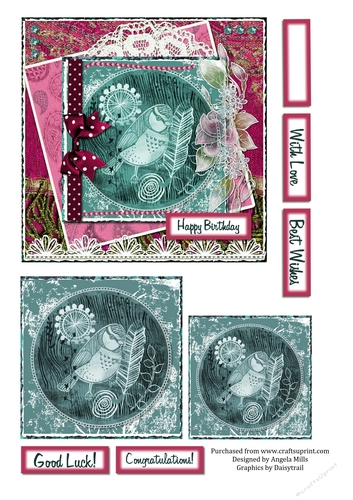 6 x 6 Card Front with Toppers and Sentiment Toppers, Woodcut Bird, Teal/Cerise Pink