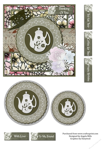 6 x 6 Card Front, Tea/Coffee with Toppers and Sentiment Toppers Pink/Brown