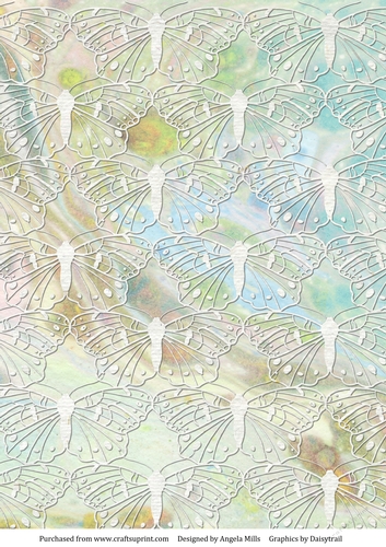 A4 Background Paper Marbled with White Lacy Butterfly Overlay, Green/Blue