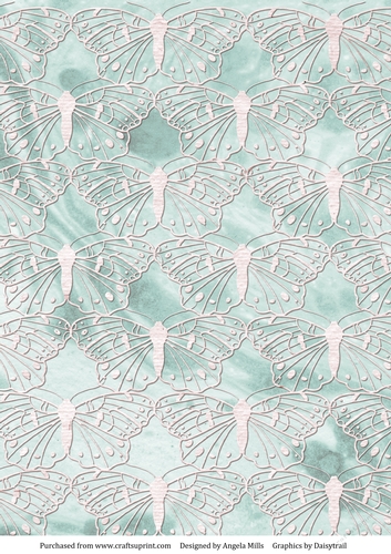 A4 Background Paper Marbled with White Lacy Butterfly Overlay, Aqua