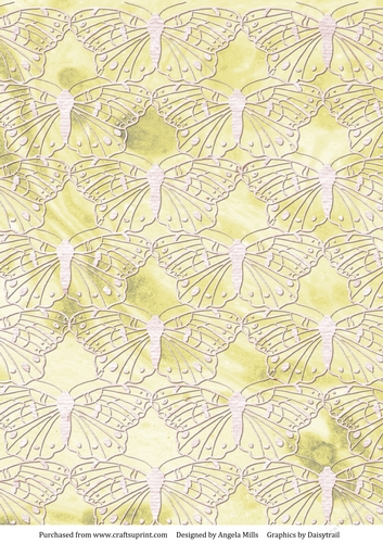 A4 Background Paper Marbled with White Lacy Butterfly Overlay, Lemon Yellow