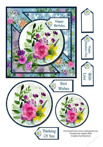 6 x 6 Blue/Pink Bright Floral Card Front with Toppers and Tags