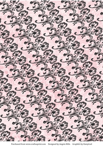 A4 Background Paper Black Lace Floral Design, Light Pink