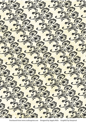A4 Background Paper Black Lace Floral Design, Light Yellow