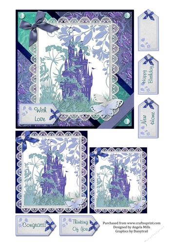 6 x 6 Fairy Castle Card Front,Papercut Style with Tags and Toppers, Violet and Teal