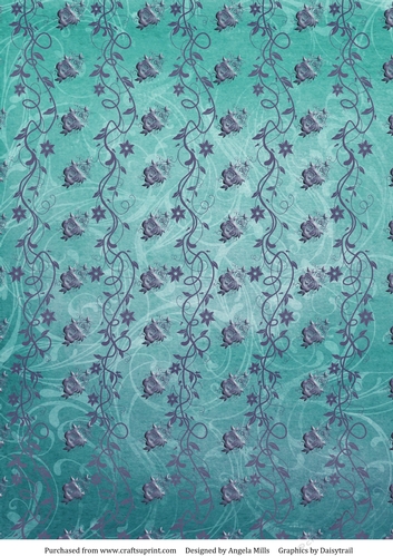 A4 Background Paper Roses and Vines Design, Violet and Teal