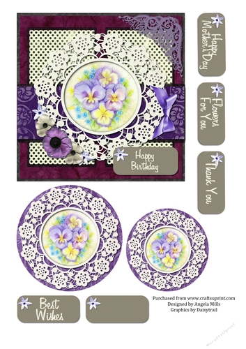 6 x 6 Card Front Pansies and Lace with Toppers and Sentiments Violet/Cream