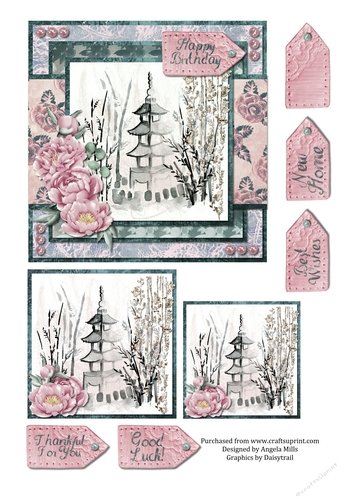 6 x 6 Card Front Oriental Pagoda with Toppers and Tags, Blue/Pink 