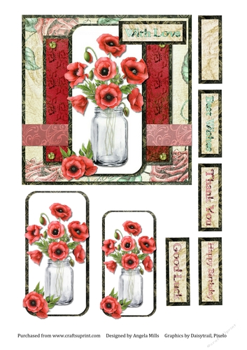6 x 6 Card Front Poppies with Toppers and Sentiment Toppers, Red/Cream