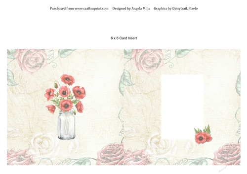 6 x 6 Card Insert Poppies and Roses, Red/Cream