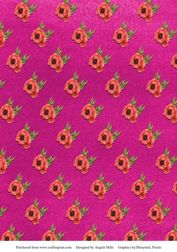 A4 Paper Red Poppies on Cerise Pink Background