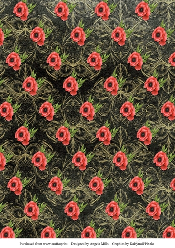 A4 Paper Red Poppies on Black/Gold Background