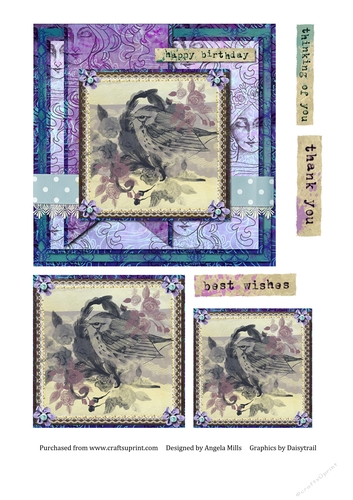 6 x 6 Card Front Stamped and Inked Bird with Toppers and Sentiment Toppers, Lilac/Kraft