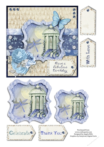 6 x 6 Butterfly/Dragonfly Card Front with Toppers and Tags, Blue/Cream