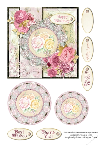 6 x 6 Roses and Lace Card Front with Toppers and Sentiment Toppers, Pink/Yellow