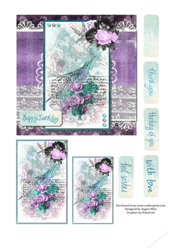 6 x 6 Card Front Vintage Bird Design with Lace, Toppers and Sentiment Toppers Teal/Violet