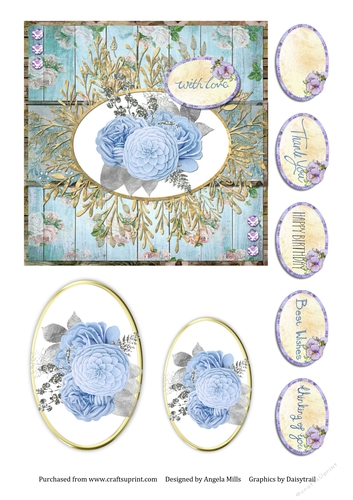 6 x 6 Card Front Shabby Chic Blue Floral with Toppers and Sentiment Toppers