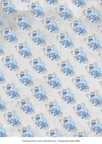 A4 Paper Blue Dahlia and Roses on Light Grey Background