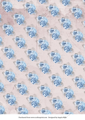 A4 Paper Blue Dahlia and Roses on Light Antique Rose Background