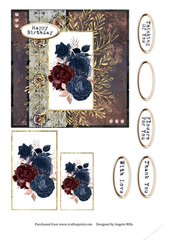 6 x 6 Card Front Rose Bouquet Maroon/Navy Blue with Toppers and Sentiments