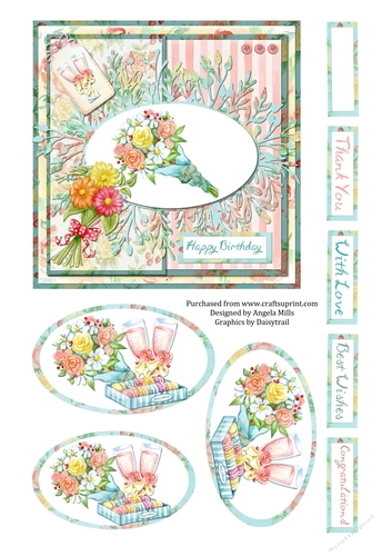 6 x 6 Card Front Floral Bouquet with Toppers and Sentiments Blue/Pink/Yellow