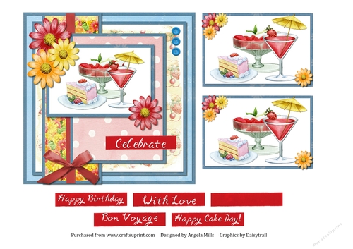 6 x 6 Card Front, Cake and Cocktails with Toppers and Sentiments Blue/Red/Yellow