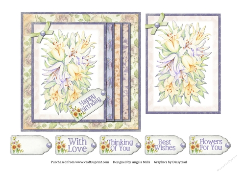 6 x 6 Card Front Lilies with Topper and Tags Lavender/Green/Orange