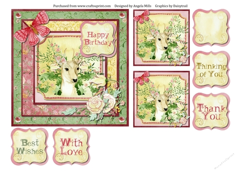 6 x 6 Card Front Floral Deer/Butterfly with Toppers and Sentiments Pink/Green/Yellow