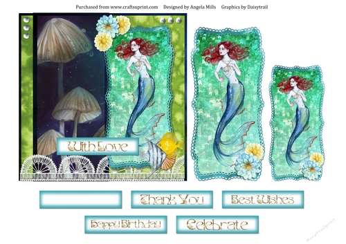 6 x 6 Card Front Fantasy Mermaid Blue/Green with Toppers and Sentiments