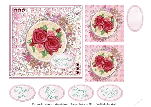 6 x 6 Card Front Roses and Diecut Lace with Toppers and Sentiments Pink/White/Yellow