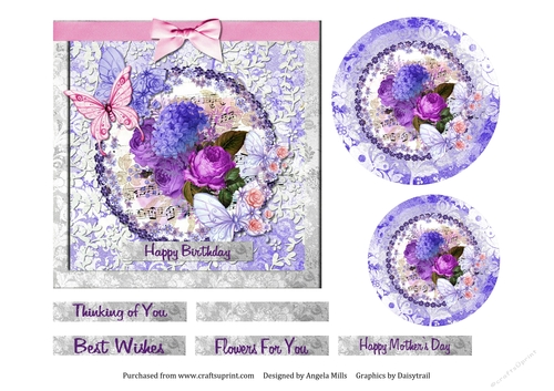6 x 6 Card Front Hydrangea/Roses Bouquet with Lace/Butterflies, Lilac/Pink/White