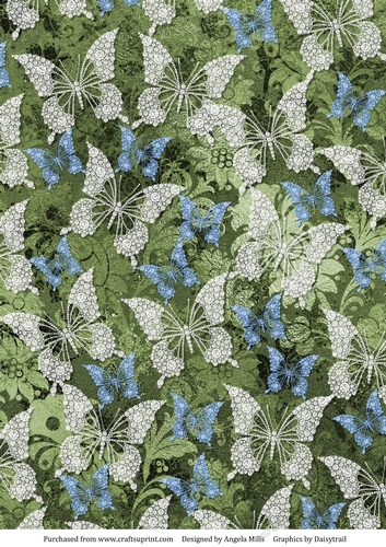A4 Paper White/Blue Butterflies on Dark Green Background